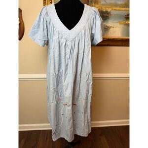 Vintage Chandni Blue Cotton Embroidered Midi Kaftan Dress Pockets Grandmacore